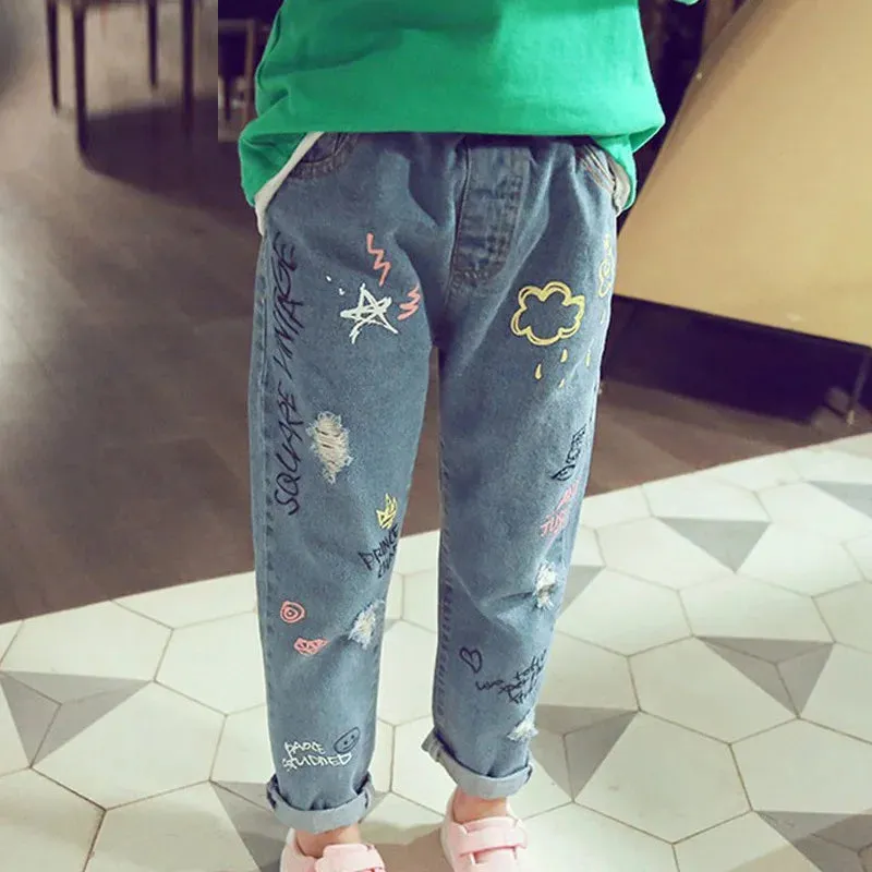 2023 new personalized cloud graffiti print hole casual children jeans girls clothing pants boutique children jeans