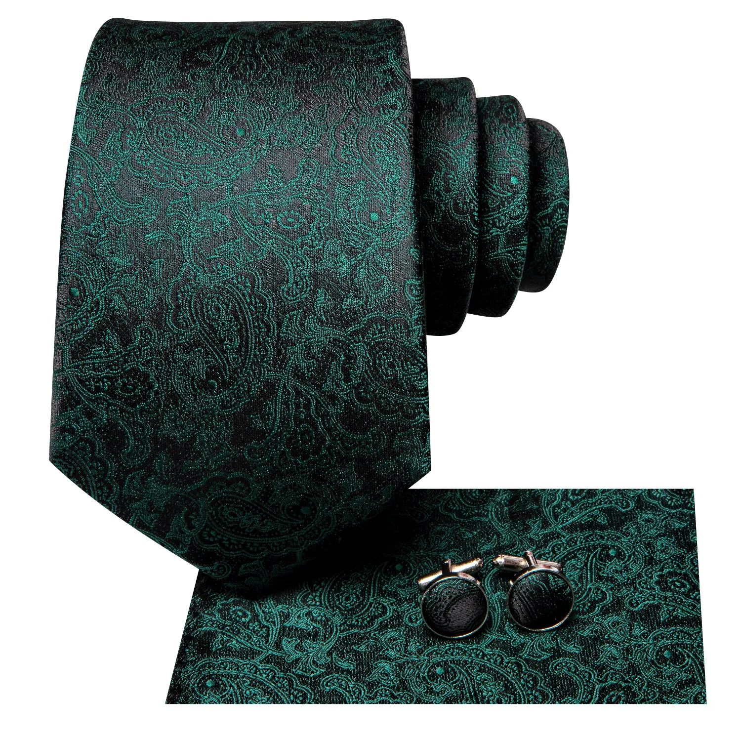 $9.99 Hi-Tie Dark Green Black Paisley Men's Tie Pocket Square Cufflinks Set