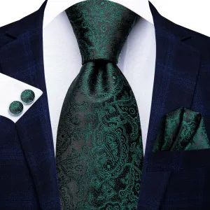 $9.99 Hi-Tie Dark Green Black Paisley Men's Tie Pocket Square Cufflinks Set