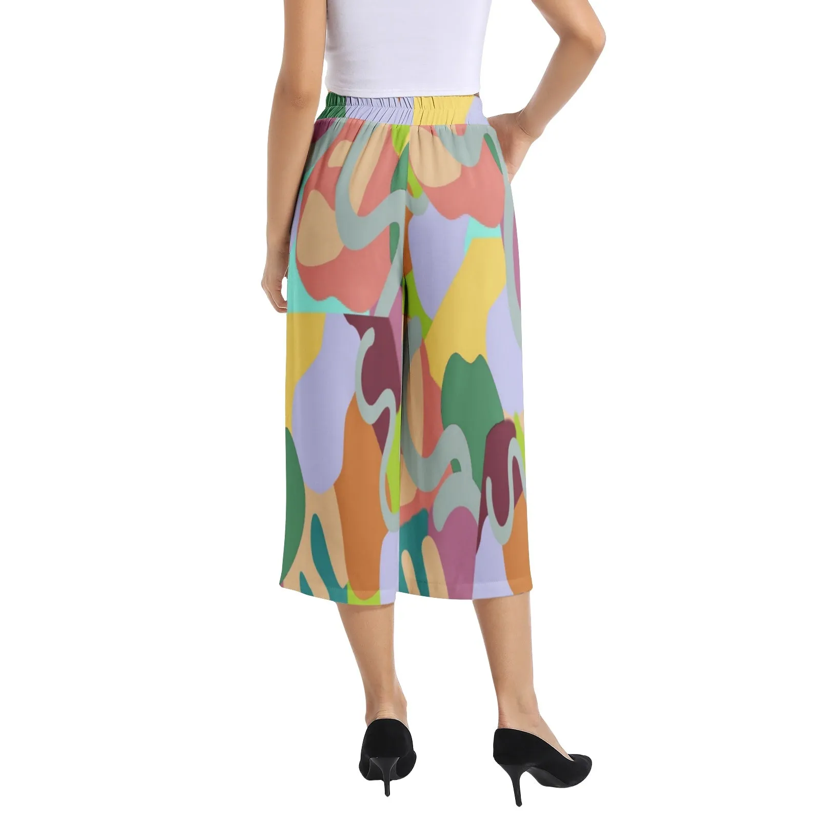 Abstract Wild Elastic Waist Capris Wide Leg Pant