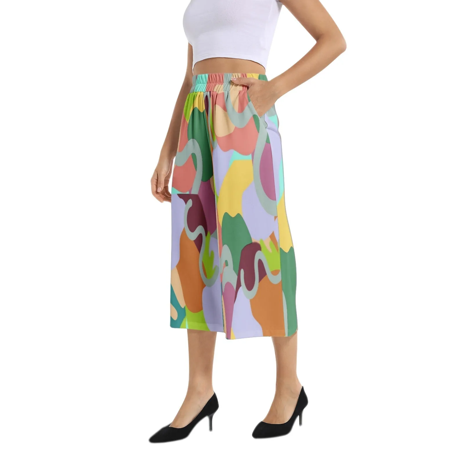 Abstract Wild Elastic Waist Capris Wide Leg Pant