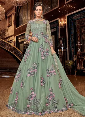 Artistic Green Floral Embroidered Designer Net Anarkali Suit