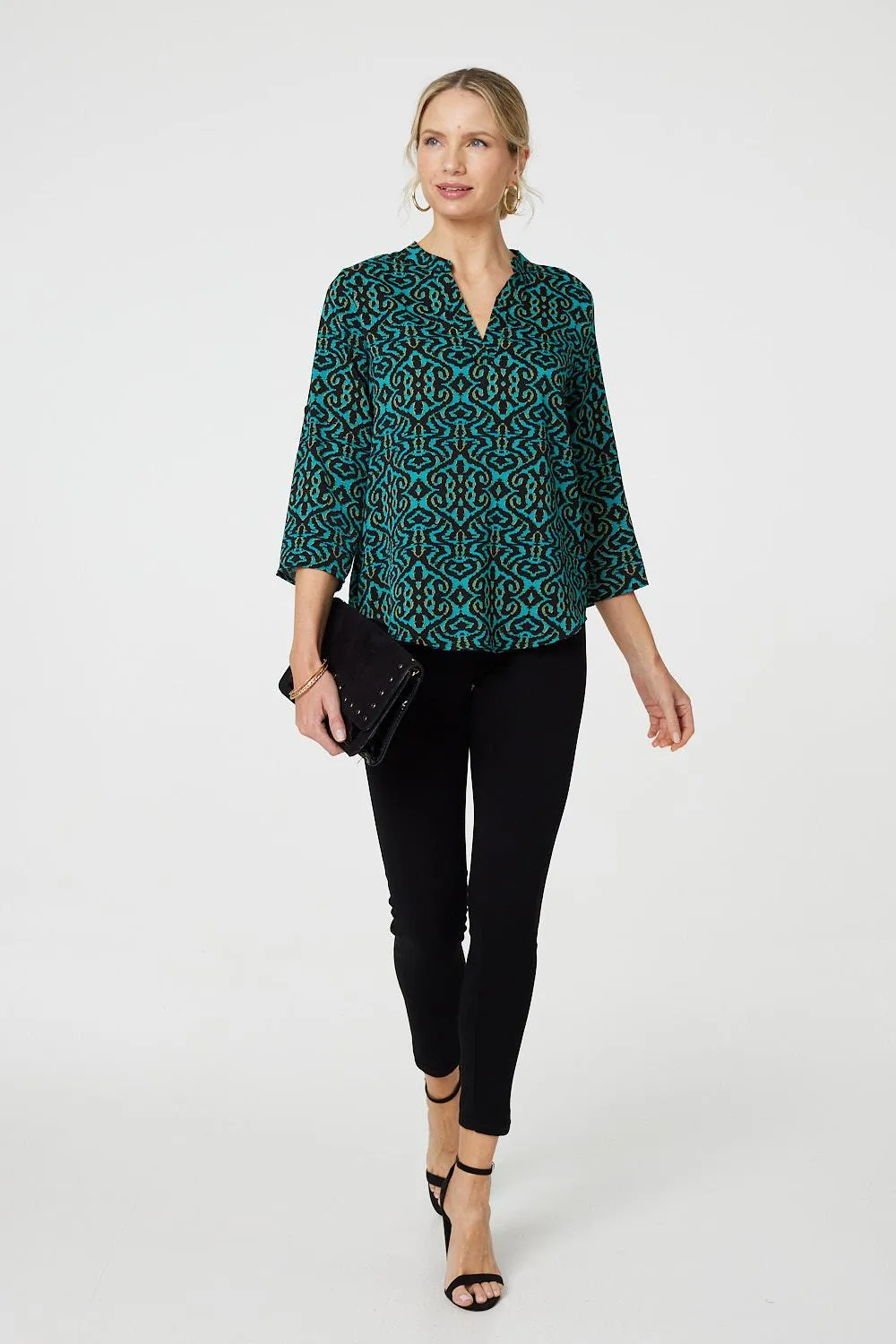 Aztec Print 3/4 Sleeve Curve Hem Blouse