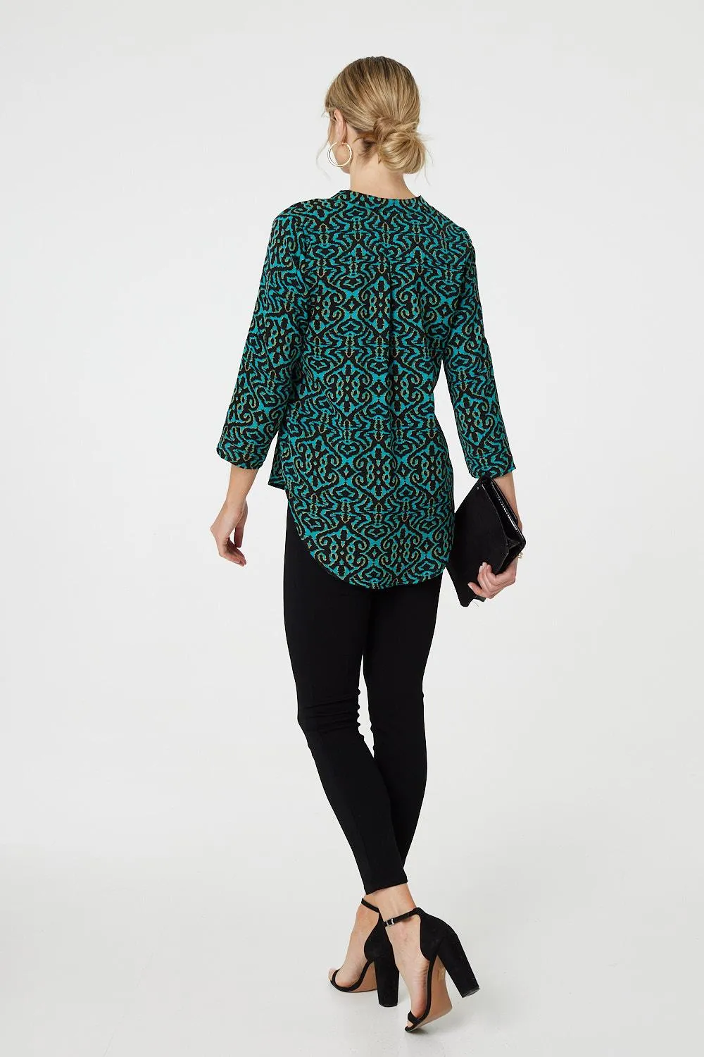 Aztec Print 3/4 Sleeve Curve Hem Blouse