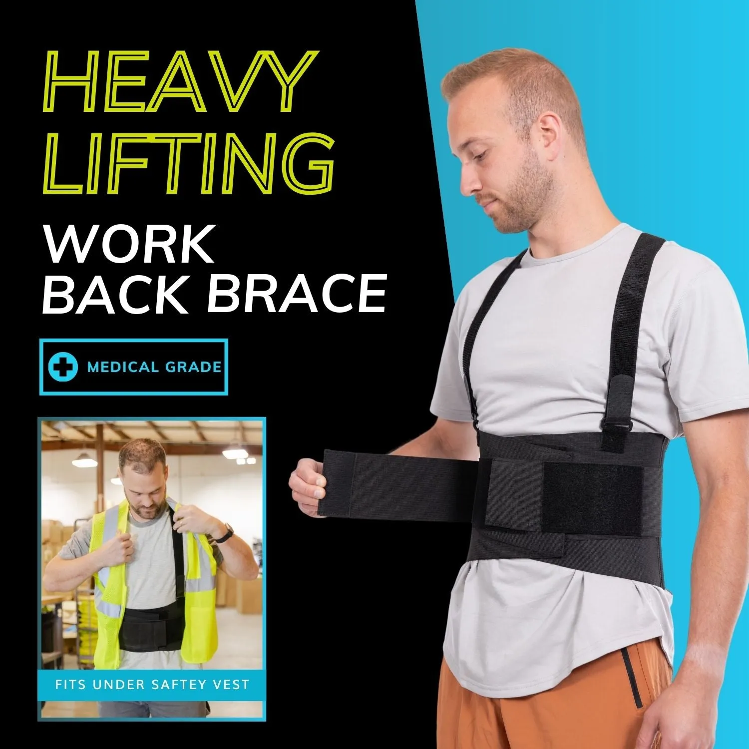 Back Brace for Work | Heavy Lifting Support Belt with Shoulder Straps for Industrial Construction and Warehouse Workers