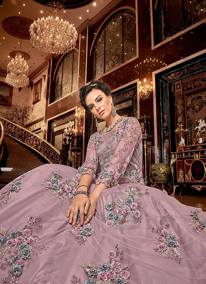 Barbie Pink Floral Embroidered Designer Net Anarkali Suit