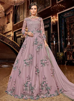 Barbie Pink Floral Embroidered Designer Net Anarkali Suit