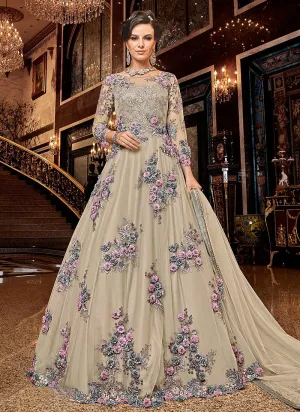 Beauteous Beige Floral Embroidered Designer Net Anarkali Suit