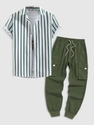 Button Up Striped Shirt And Flap Pocket Cargo Pants Set