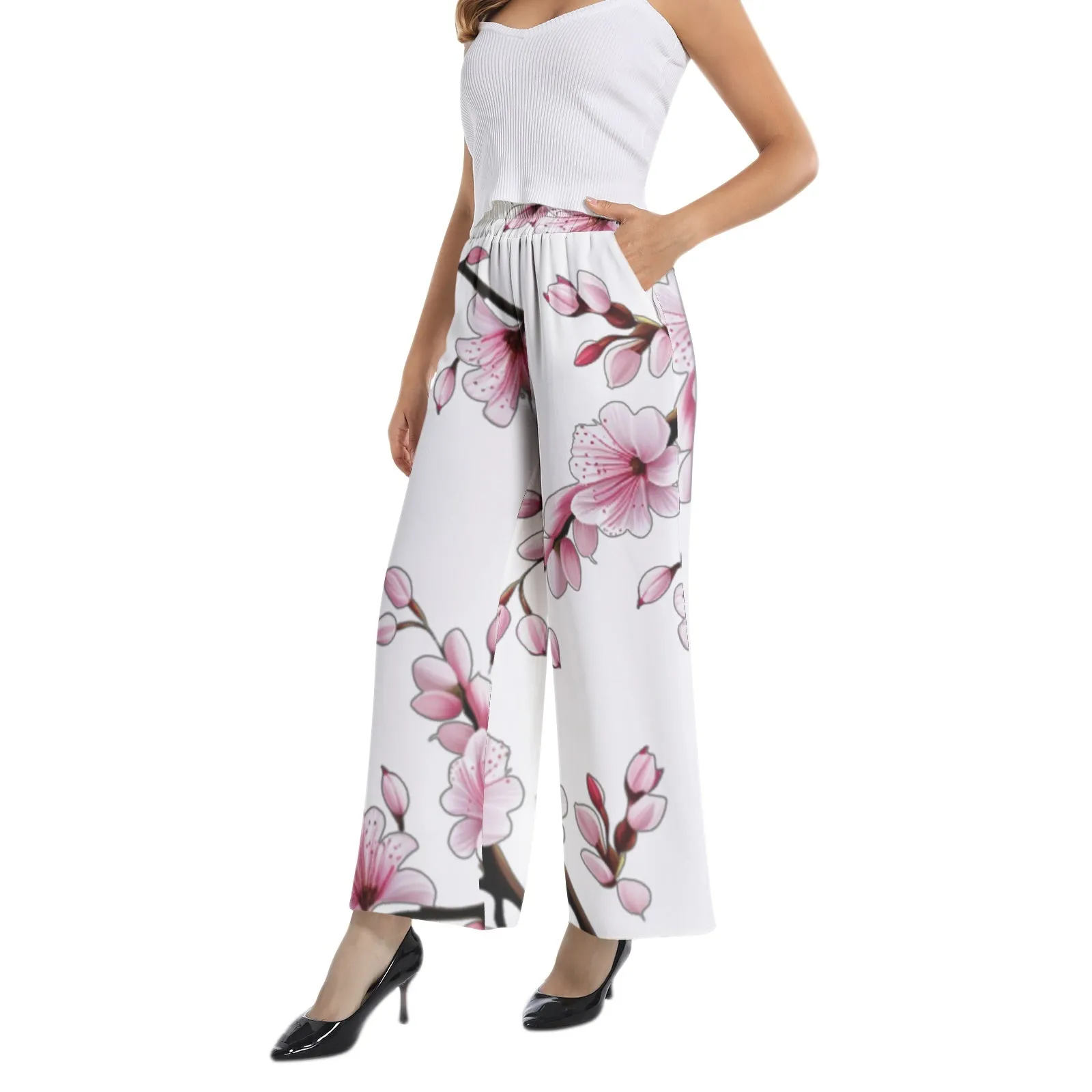 Cherry Blossom Elastic Waist Wide Leg Pant