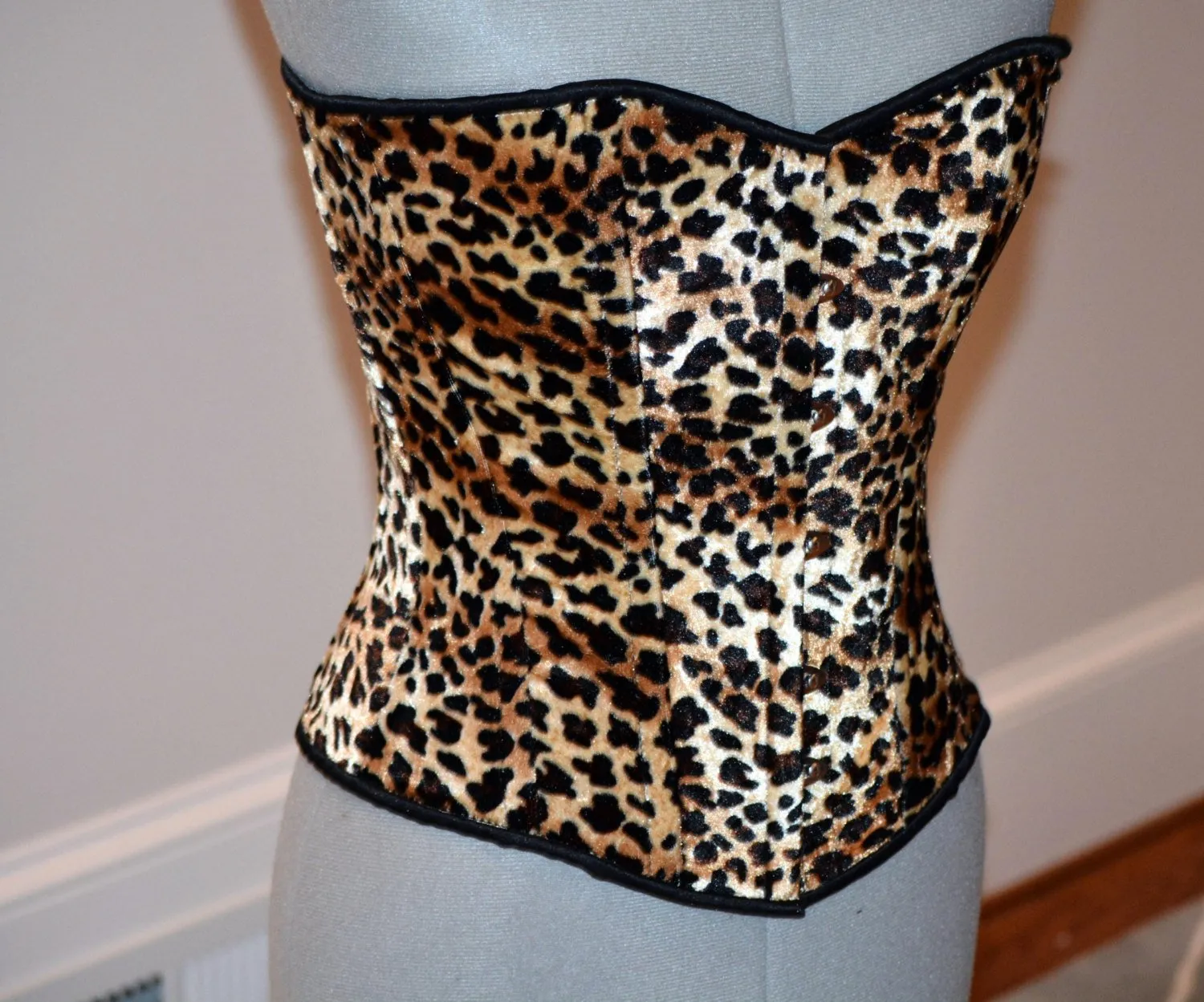 Classic overbust velvet leopard cheetah authentic steel-boned corset. Bespoke made to your measurements. Affordable cheap waist training