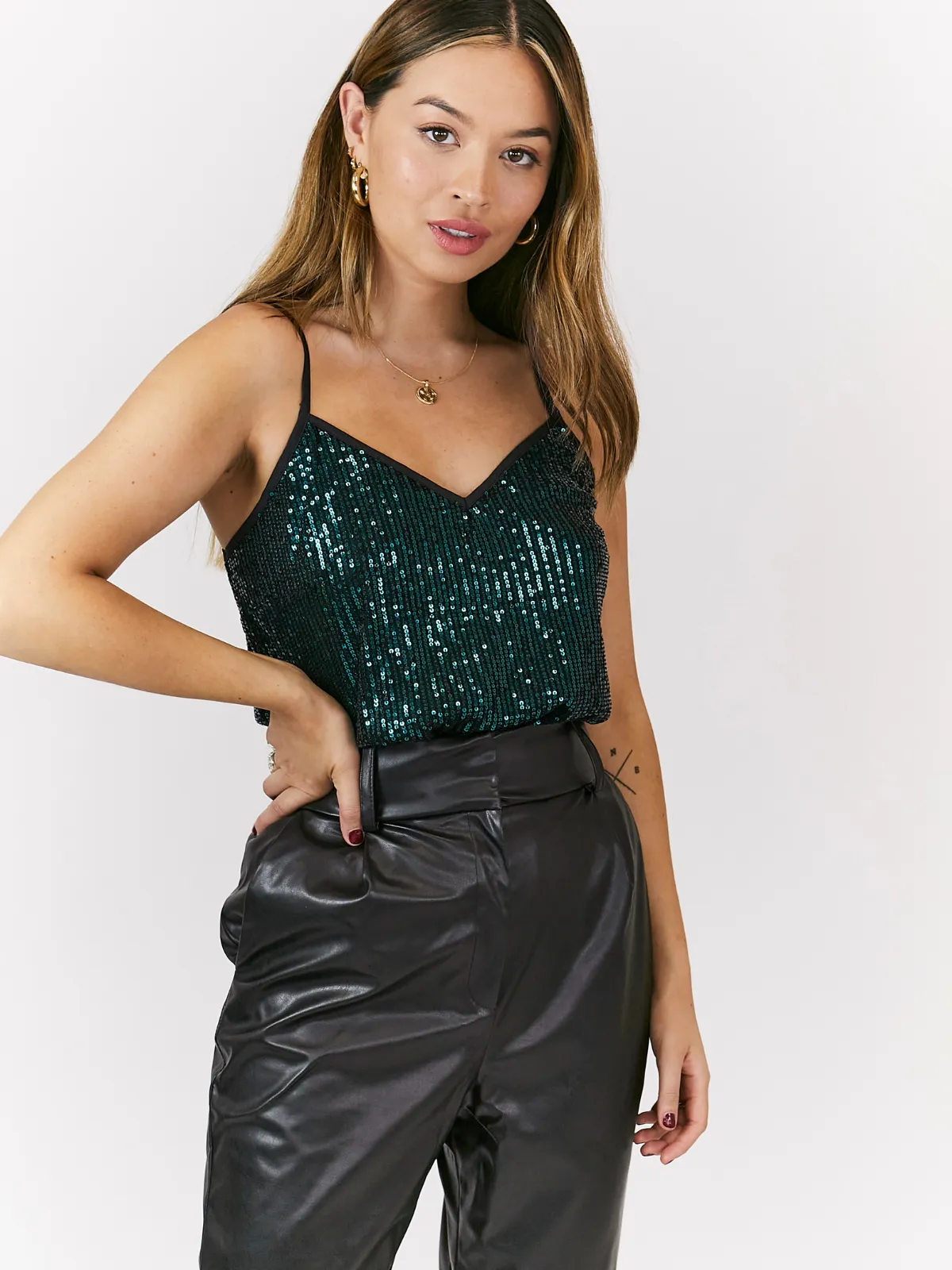 Daya Sequin V Neck Top / Green