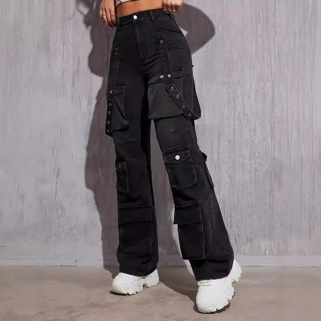 Denim High Elastic High Street Strap Street Trend Hip Hop Straight Cargo