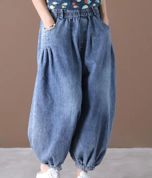 Denim Summer Loose Linen Wide Leg Women Casual Pants Elastic Waist WG05131