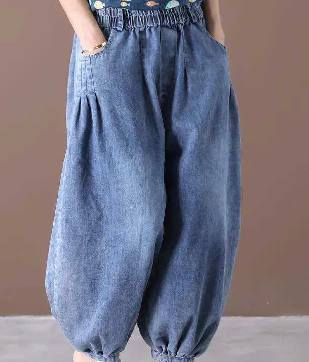 Denim Summer Loose Linen Wide Leg Women Casual Pants Elastic Waist WG05131