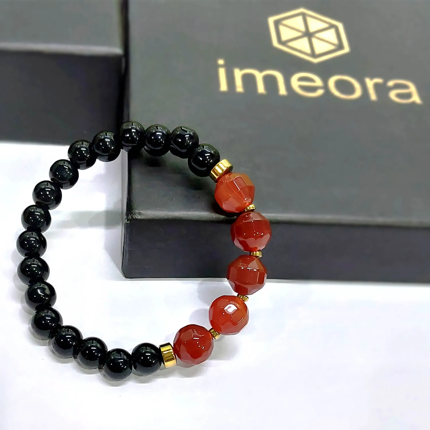 Diamond Cut Red Carnelian With Black Obsidian And Golden Hematite Bracelet