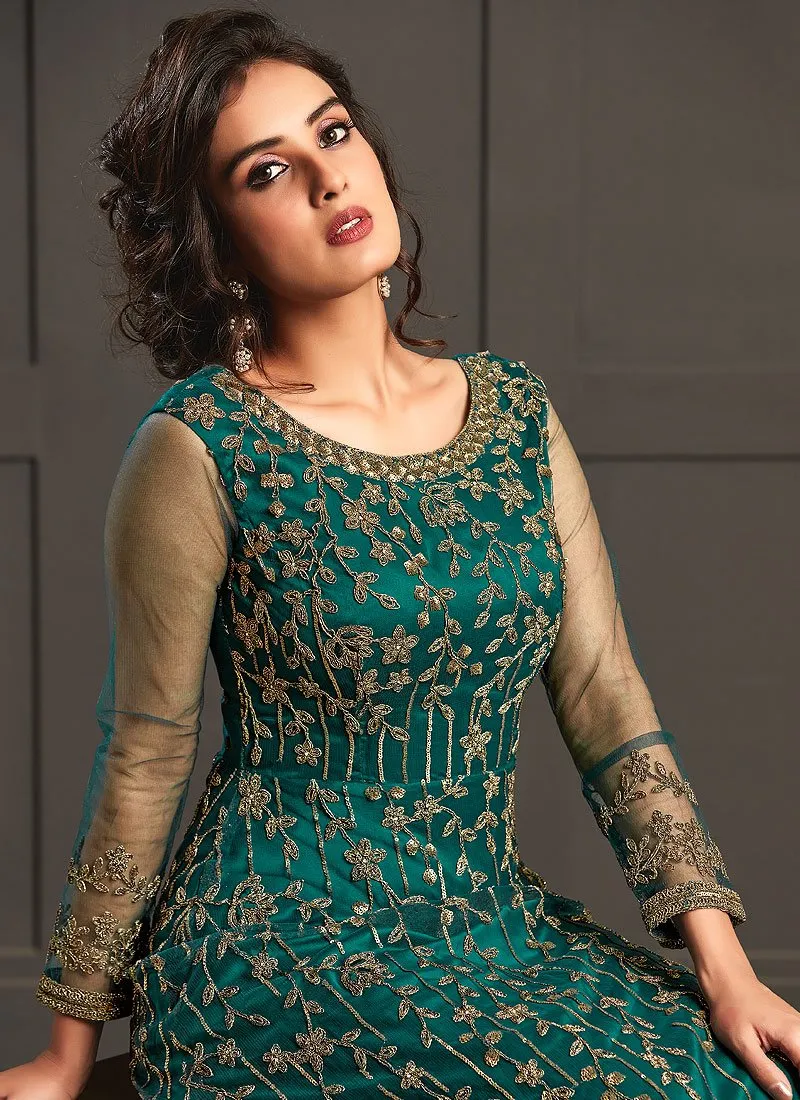 Engaging Teal Embroidered Net Designer Anarkali Gown