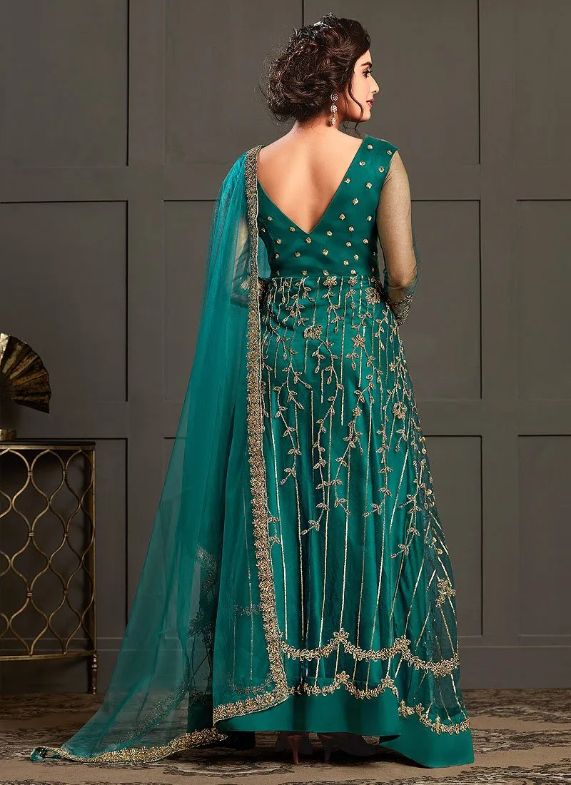 Engaging Teal Embroidered Net Designer Anarkali Gown