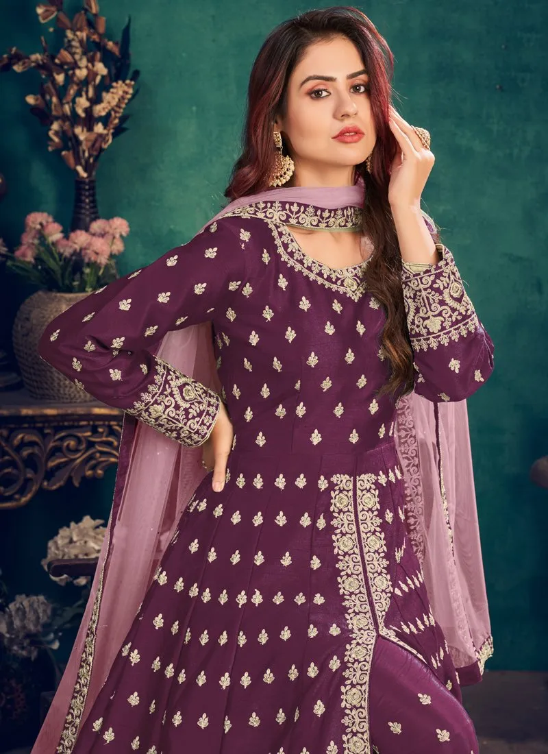 Floor Length Plum Wine Art Silk Embroidered Anarkali Suit