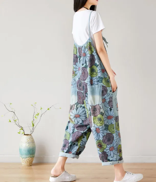 Floral Loose Denim Casual Spring Denim Overall Women Jumpsuits  QYCQ27