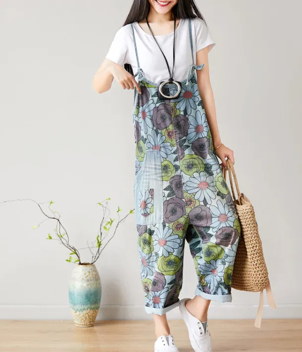 Floral Loose Denim Casual Spring Denim Overall Women Jumpsuits  QYCQ27