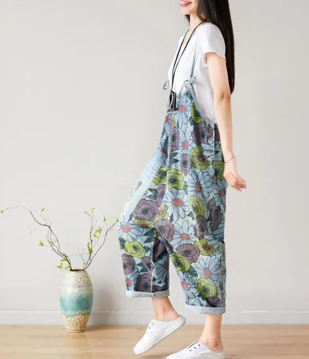 Floral Loose Denim Casual Spring Denim Overall Women Jumpsuits  QYCQ27