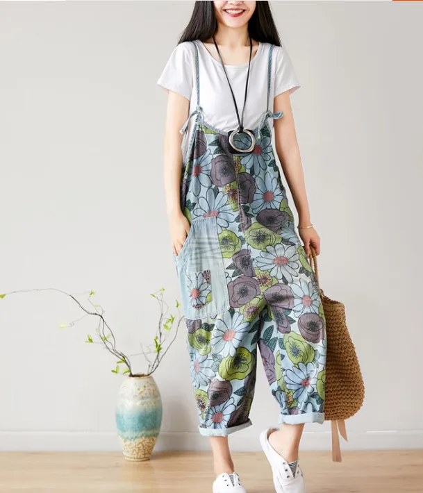 Floral Loose Denim Casual Spring Denim Overall Women Jumpsuits  QYCQ27