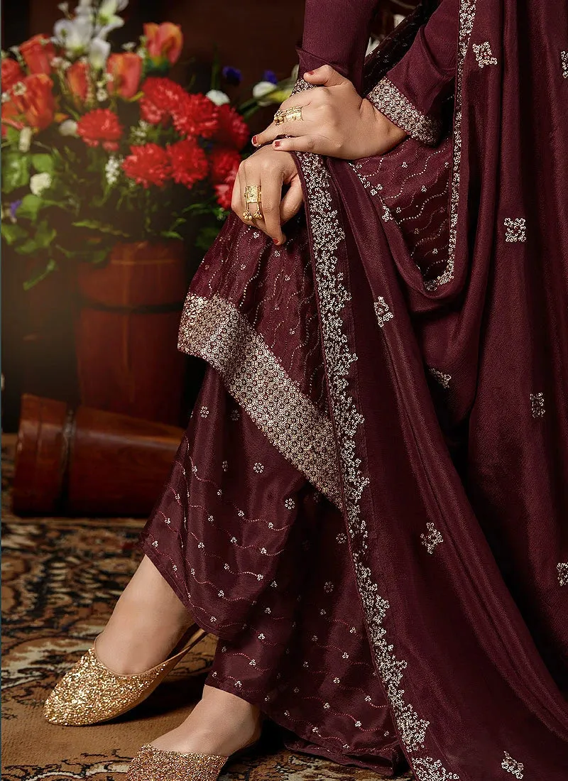 Graceful Maroon Chinon Trendy Palazzo Salwar Suit