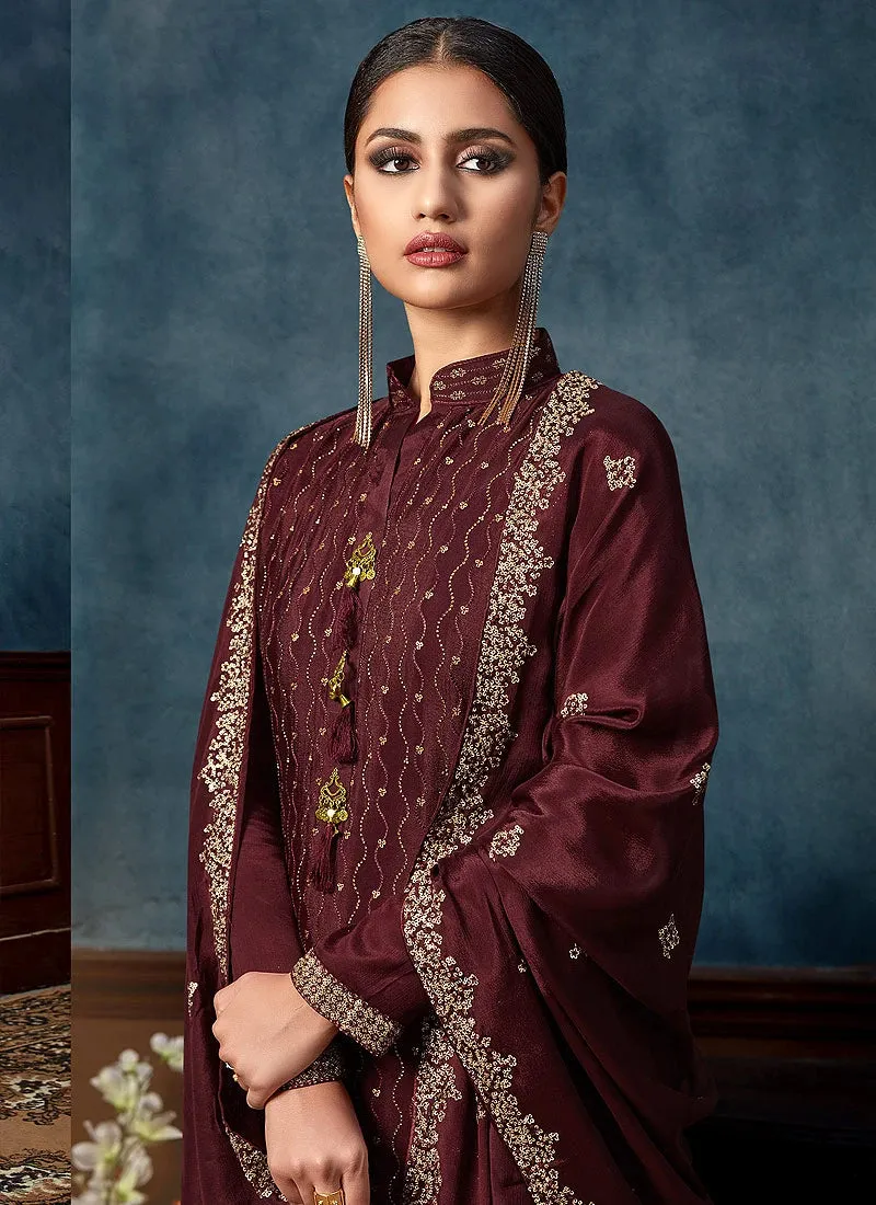 Graceful Maroon Chinon Trendy Palazzo Salwar Suit