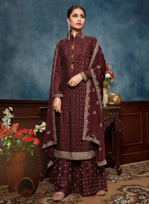 Graceful Maroon Chinon Trendy Palazzo Salwar Suit