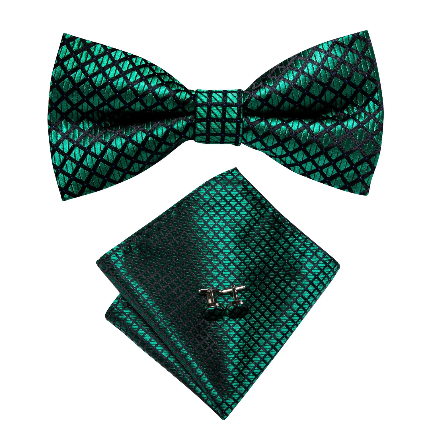 Green Black Plaid Pre-tied Bow Tie Hanky Cufflinks Set