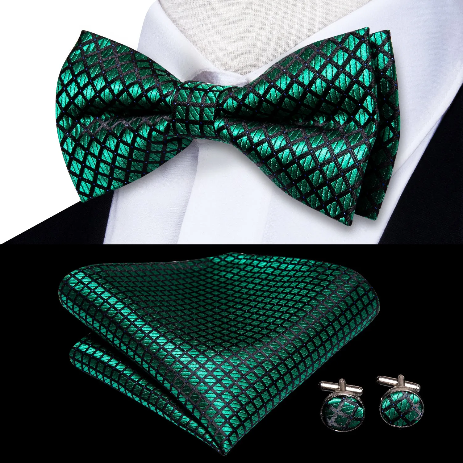 Green Black Plaid Pre-tied Bow Tie Hanky Cufflinks Set