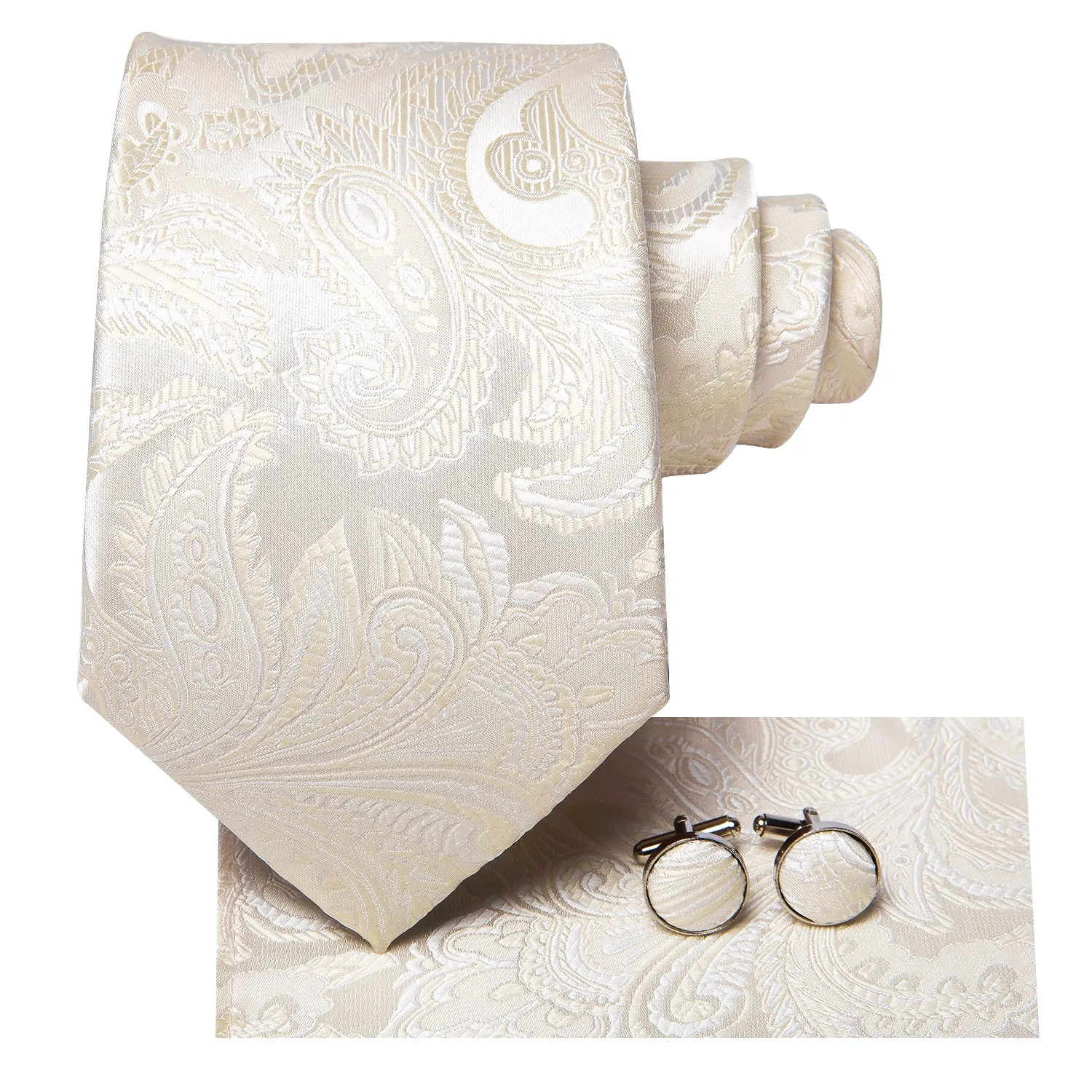 Hi-Tie Beige Paisley Men's Tie Pocket Square Cufflinks Set Collar Pin