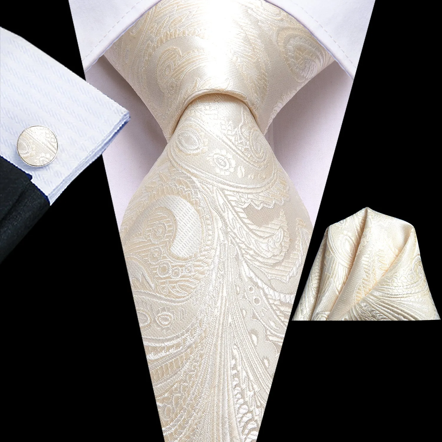 Hi-Tie Beige Paisley Men's Tie Pocket Square Cufflinks Set Collar Pin