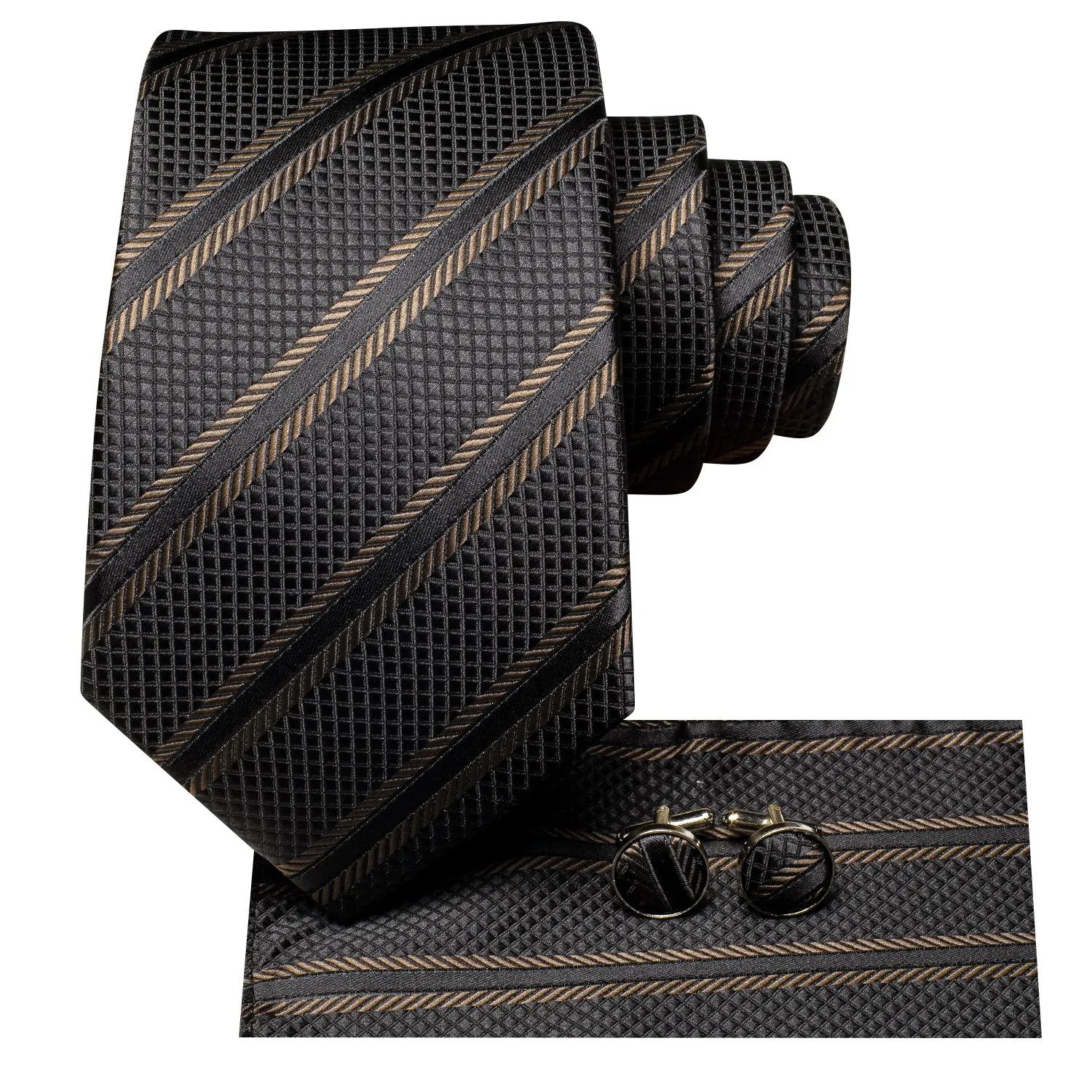 Hi-Tie Black Brown Striped Silk Tie Pocket Square Cufflink Set for Men