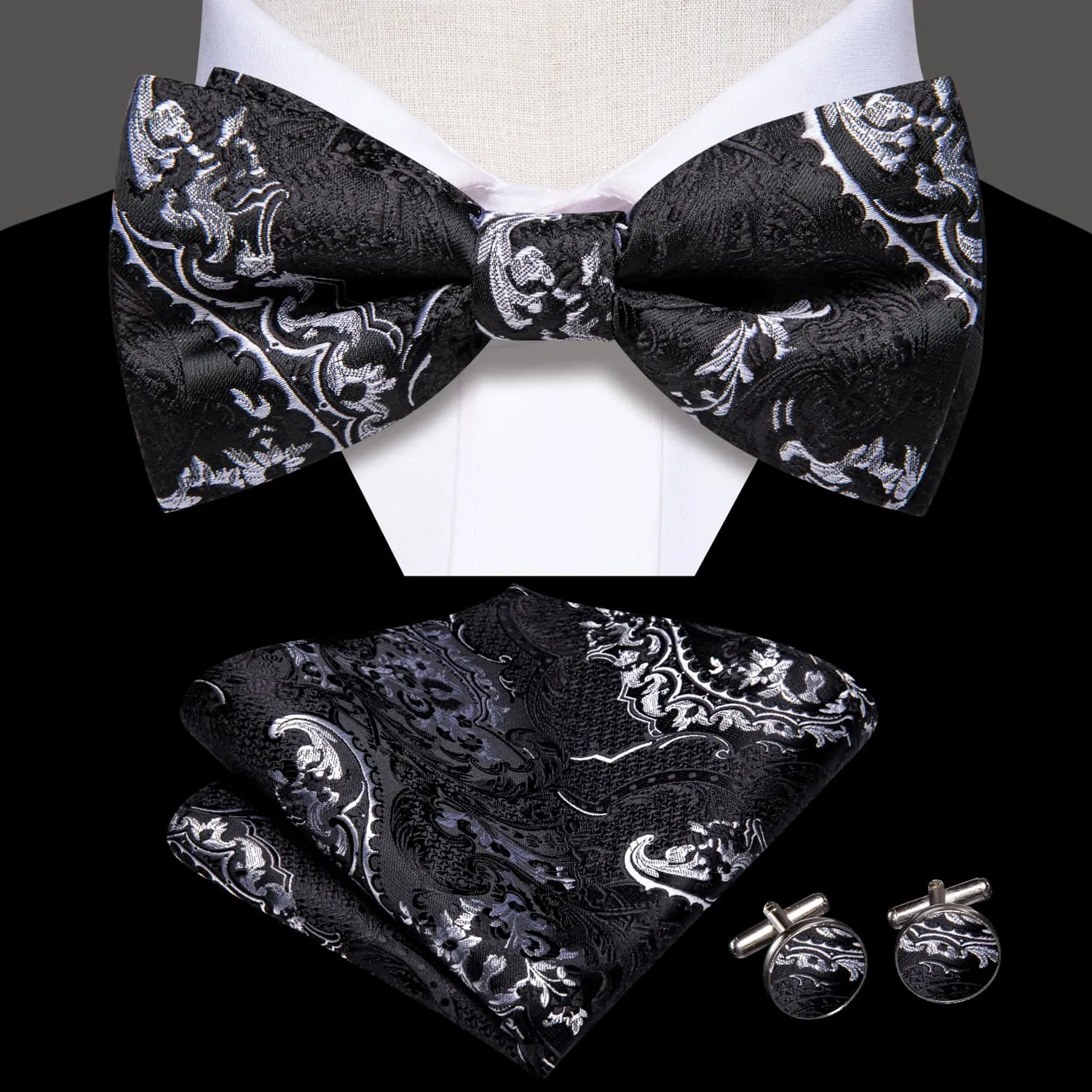 Hi-Tie Black Necktie Grey Jacquard Floral Bow Tie Hanky Cufflinks Set