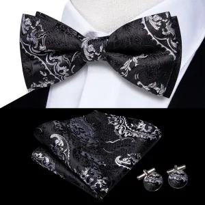 Hi-Tie Black Necktie Grey Jacquard Floral Bow Tie Hanky Cufflinks Set