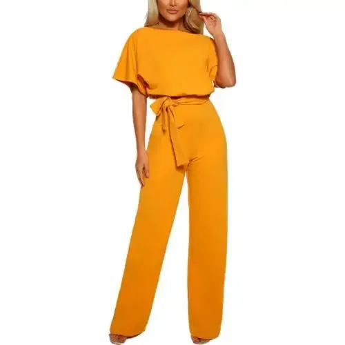 Jumpsuit Lace Up High Waist Elegant Women Solid Color Straight Leg Romper Fashion Short-sleeved Round Neck Jumpsuit for Dating