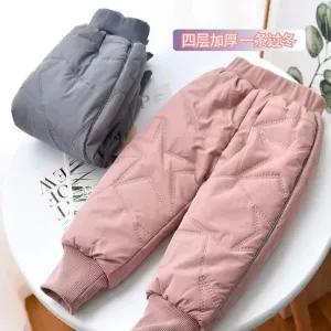 Kids Padded Warm Cotton Pants Winter Kids Thick Plus Velvet Trousers Autumn Teen Windproof Coldproof Solid Pants 1-6 Years