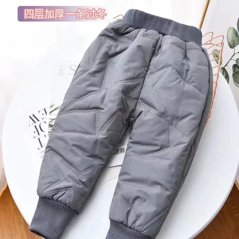 Kids Padded Warm Cotton Pants Winter Kids Thick Plus Velvet Trousers Autumn Teen Windproof Coldproof Solid Pants 1-6 Years