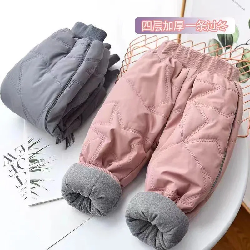 Kids Padded Warm Cotton Pants Winter Kids Thick Plus Velvet Trousers Autumn Teen Windproof Coldproof Solid Pants 1-6 Years