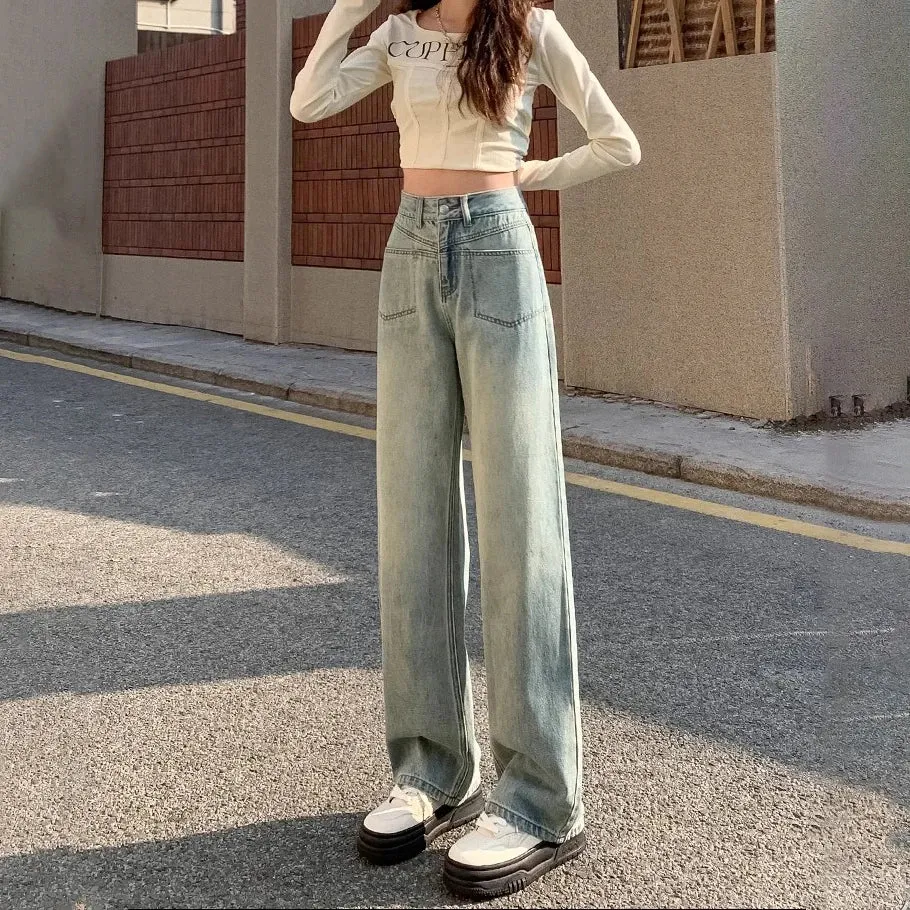 Light Blue Narrow Straight Female Spring New High-Waisted Drape Thin Versatile Wide-Leg Jeans