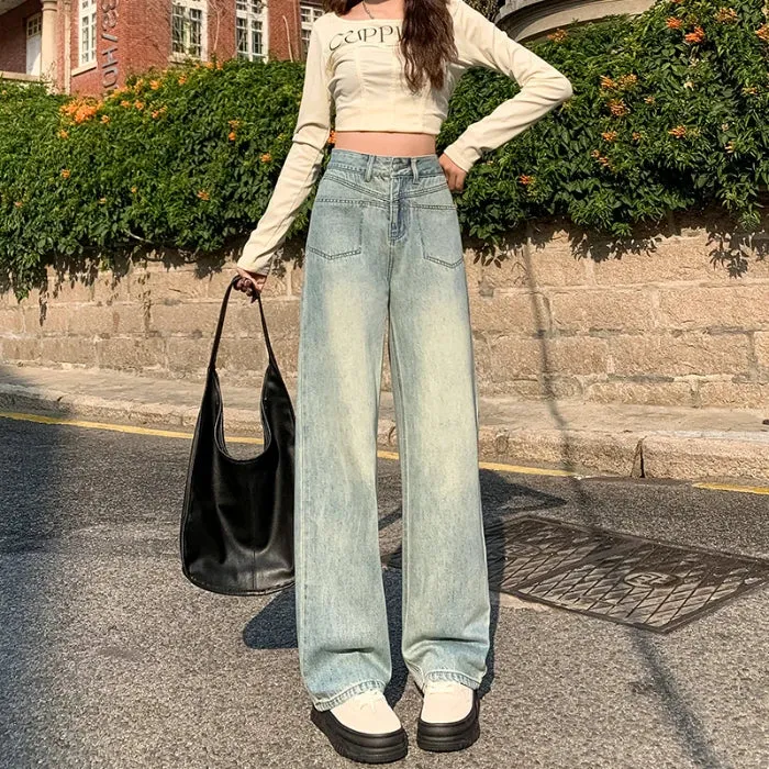 Light Blue Narrow Straight Female Spring New High-Waisted Drape Thin Versatile Wide-Leg Jeans