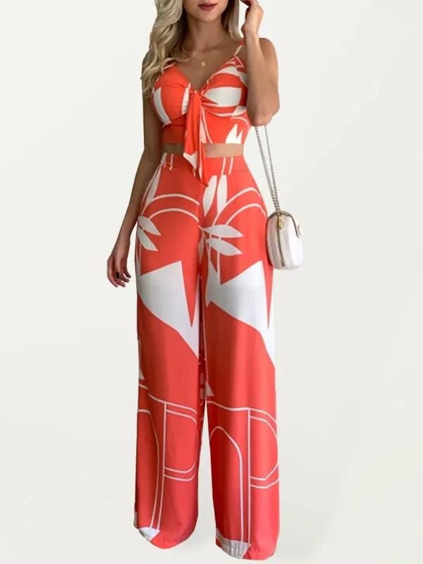 Linen-like casual suit V-neck high-waist printed wide-leg pants two-piece set