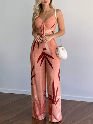 Linen-like casual suit V-neck high-waist printed wide-leg pants two-piece set