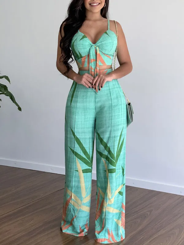 Linen-like casual suit V-neck high-waist printed wide-leg pants two-piece set