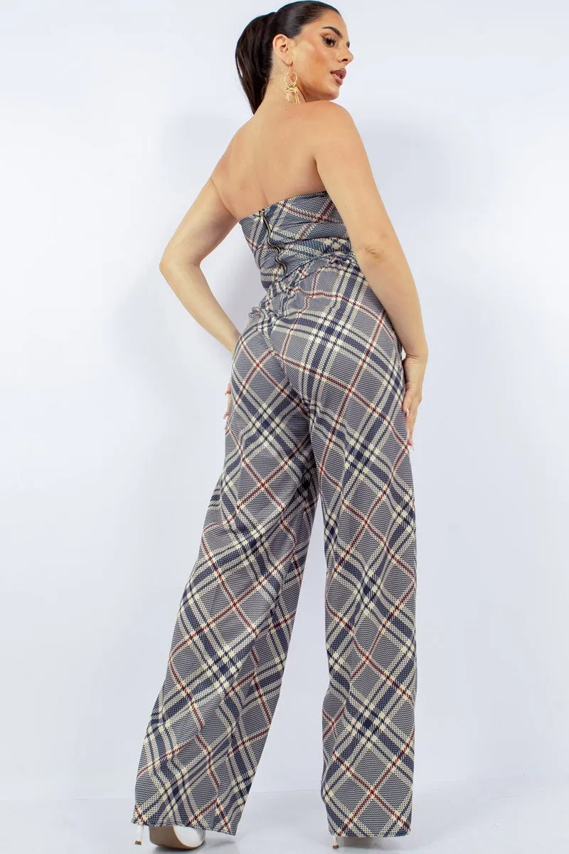 Plaid Bustier Top & Wide Pants Outfit Set