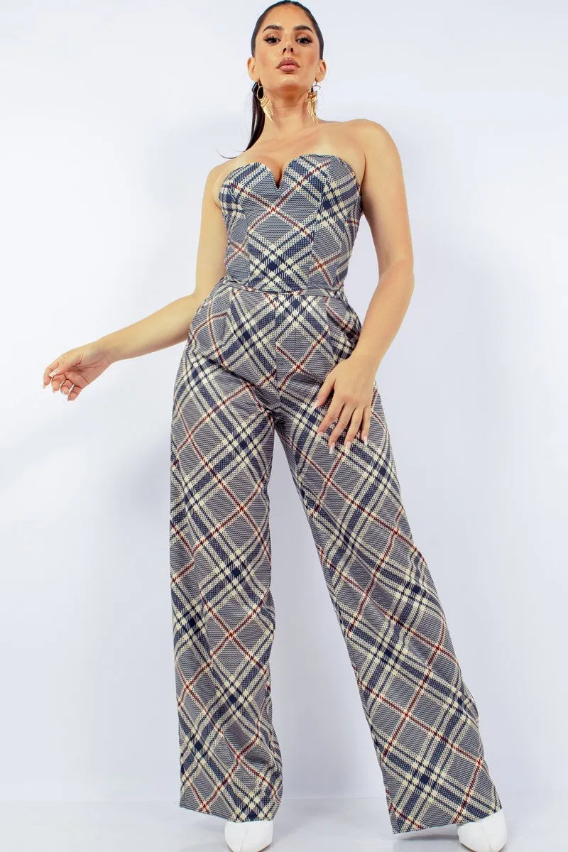 Plaid Bustier Top & Wide Pants Outfit Set