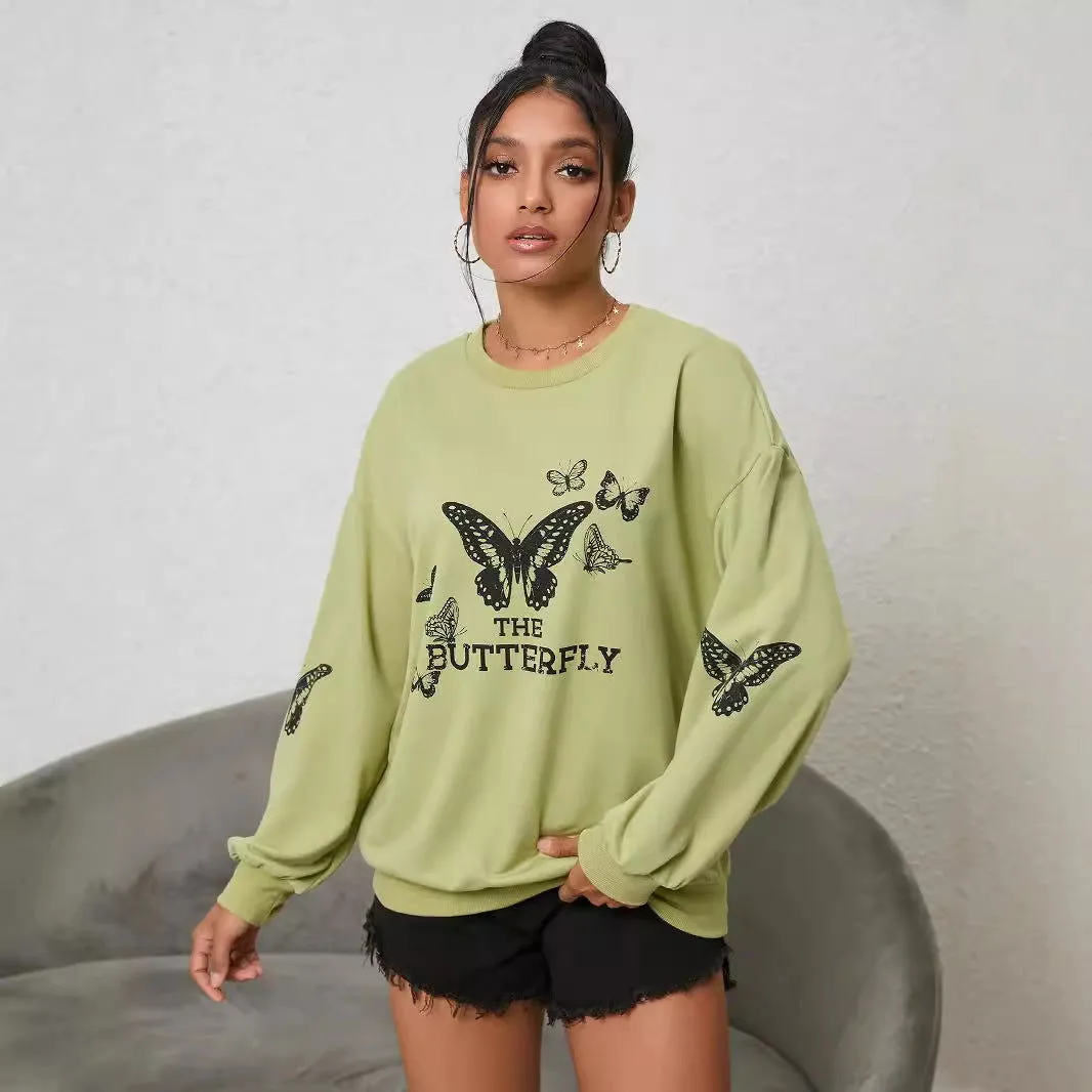 Printing Long Sleeve Crew Neck Sweater Niche Loose Casual Letter Graphic Butterfly Pattern Trend