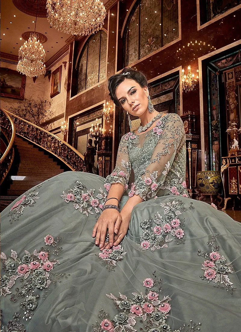 Sage Grey Floral Embroidered Designer Net Anarkali Suit